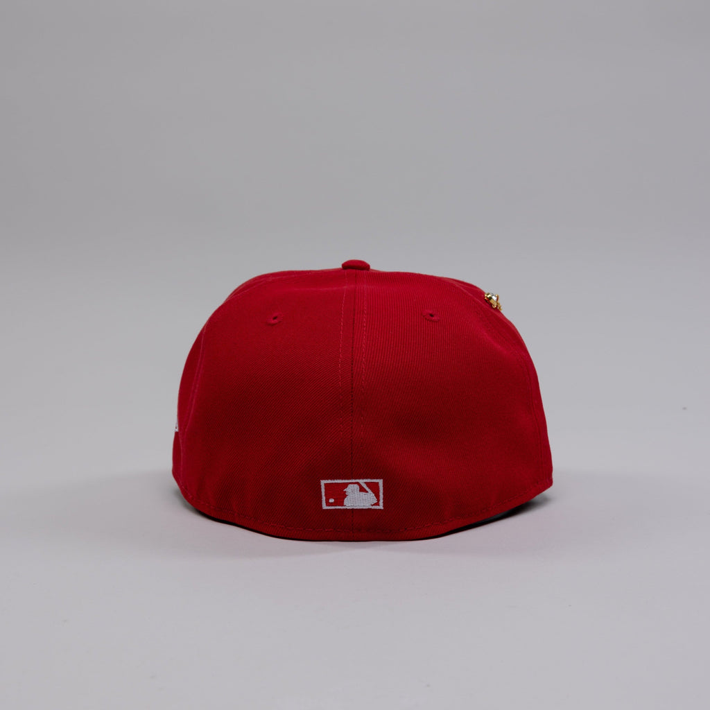 NEW ERA EXCLUSIVE 59FIFTY RED UPSIDE DOWN LOS ANGELES DODGERS W/ 40TH ANNIVERSARY SIDE PATCH