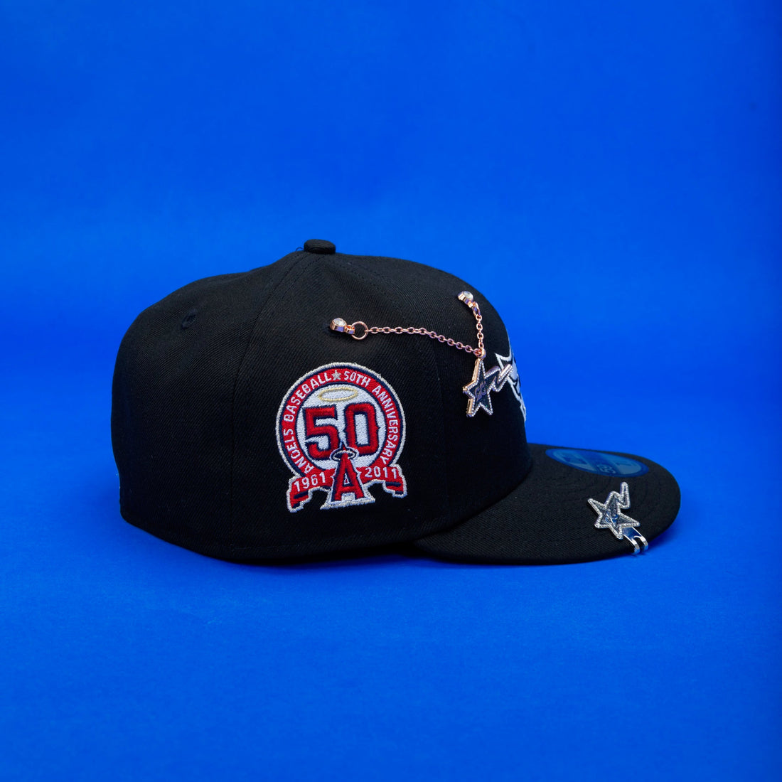 NEW ERA 59FIFTY BLACK ANAHEIM ANGELS W/ 50TH ANNIVERSARY SIDE PATCH